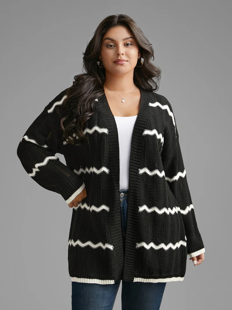 Striped Textured Pointelle Knit Cardigan