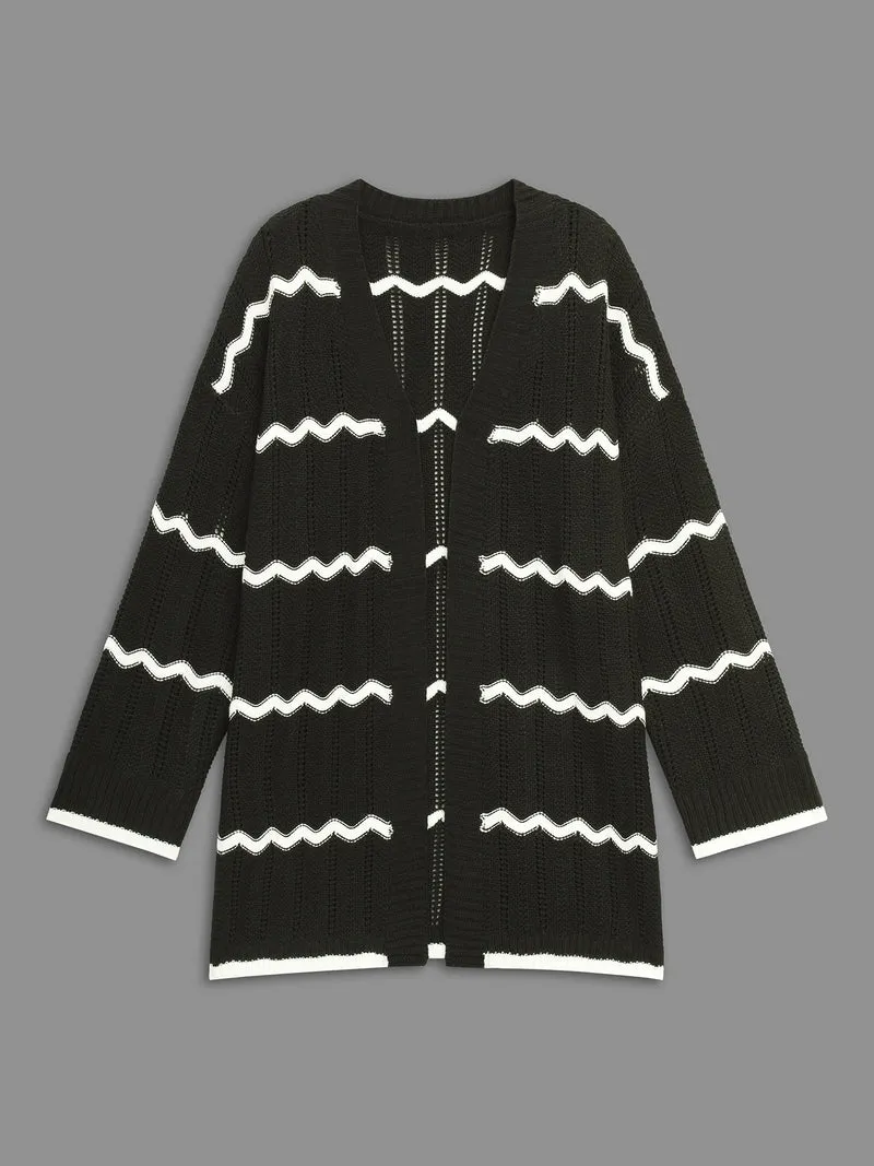 Striped Textured Pointelle Knit Cardigan