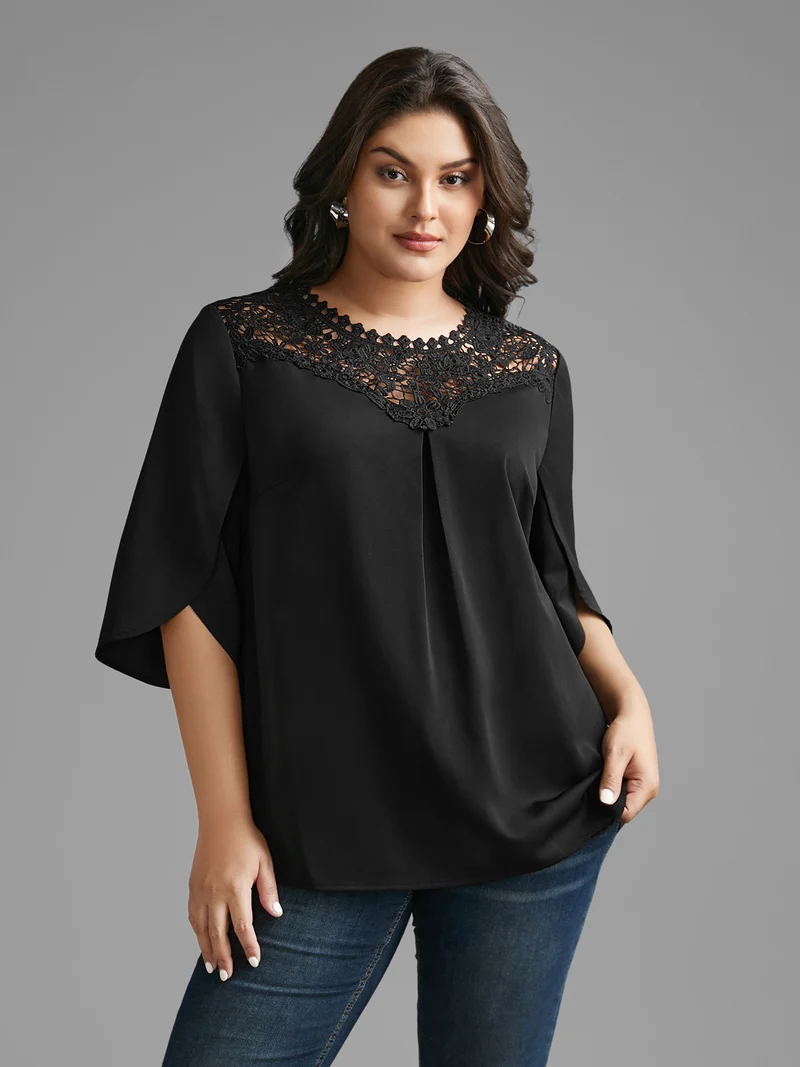 Static-Free Lace Patchwork Pleated Petal Sleeve Blouse