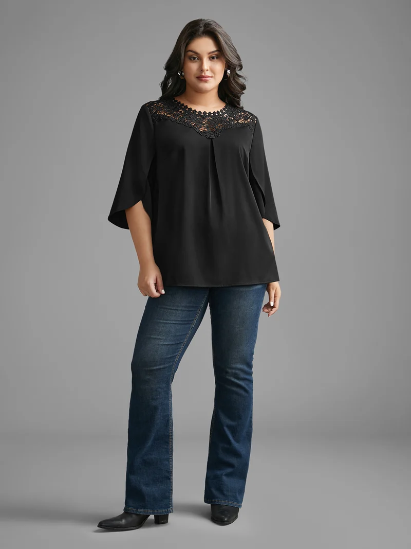 Static-Free Lace Patchwork Pleated Petal Sleeve Blouse