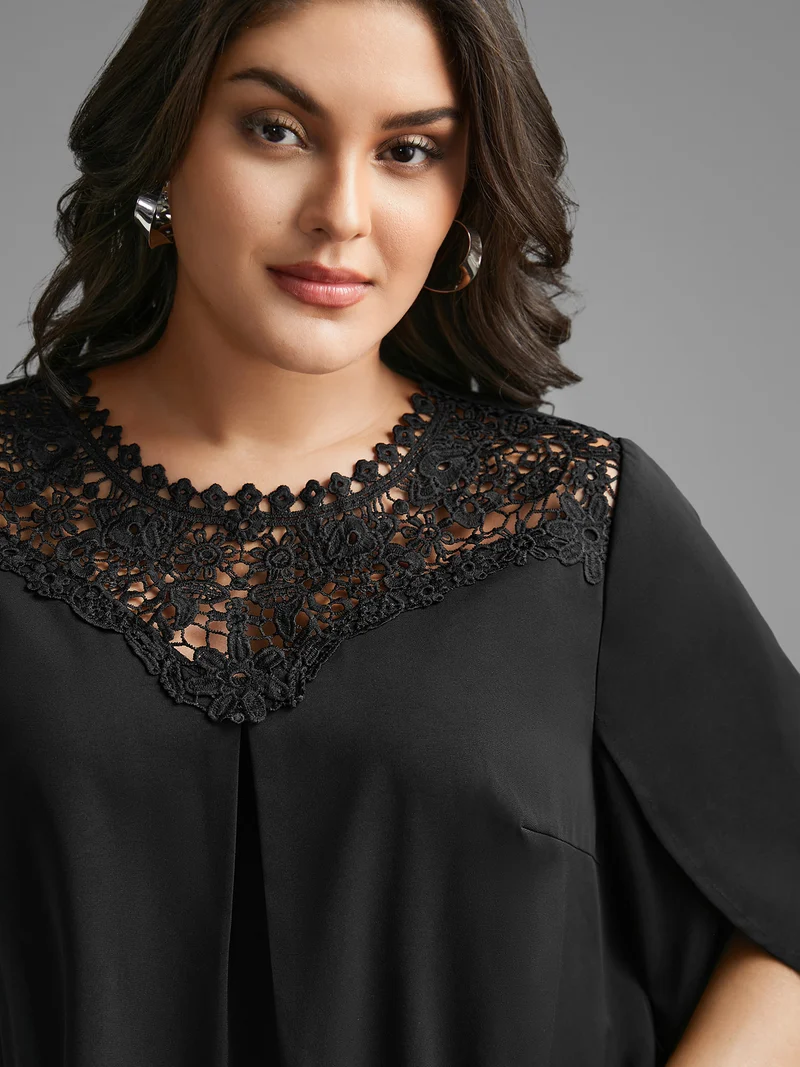 Static-Free Lace Patchwork Pleated Petal Sleeve Blouse