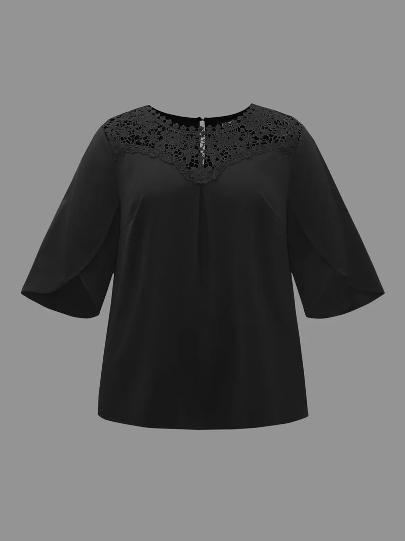 Static-Free Lace Patchwork Pleated Petal Sleeve Blouse