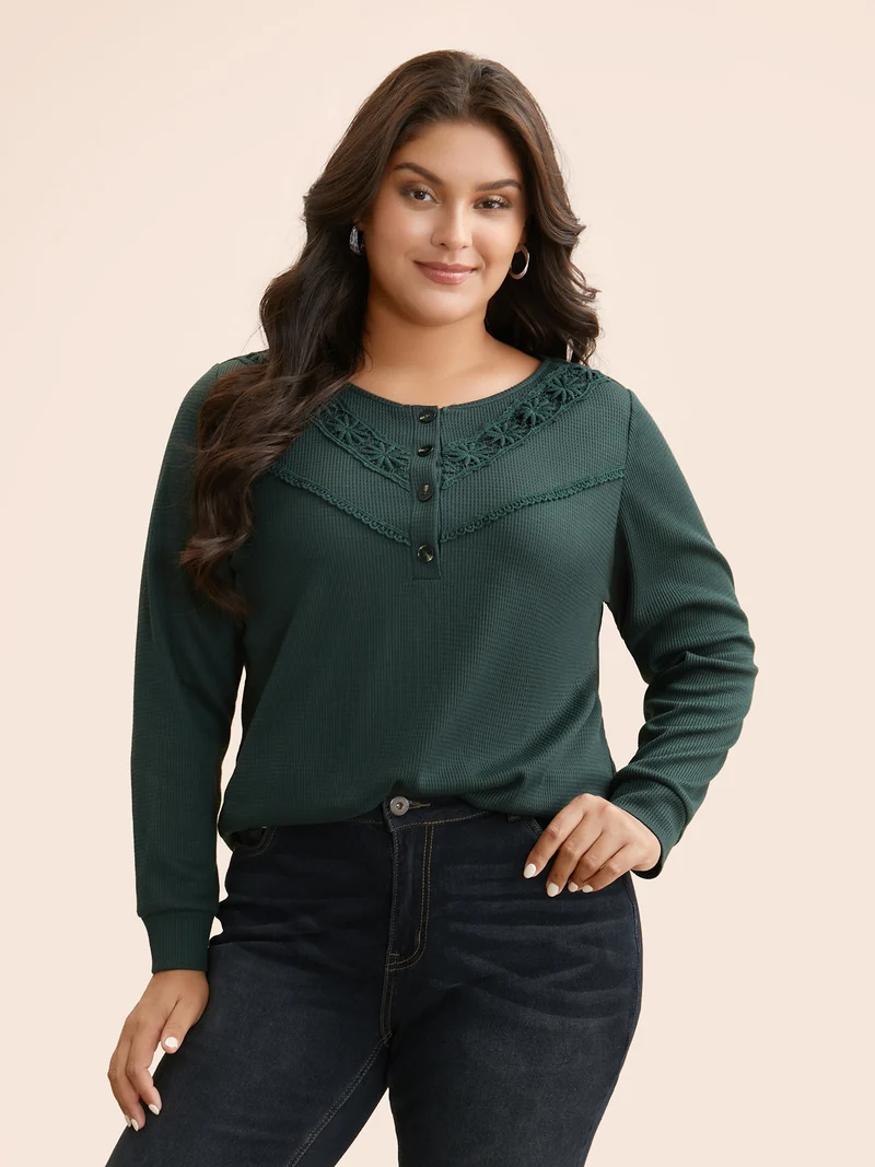 Solid Waffle Knit Lace Trim T-shirt