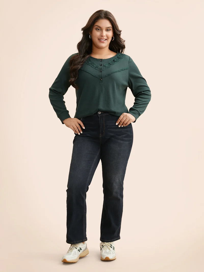 Solid Waffle Knit Lace Trim T-shirt