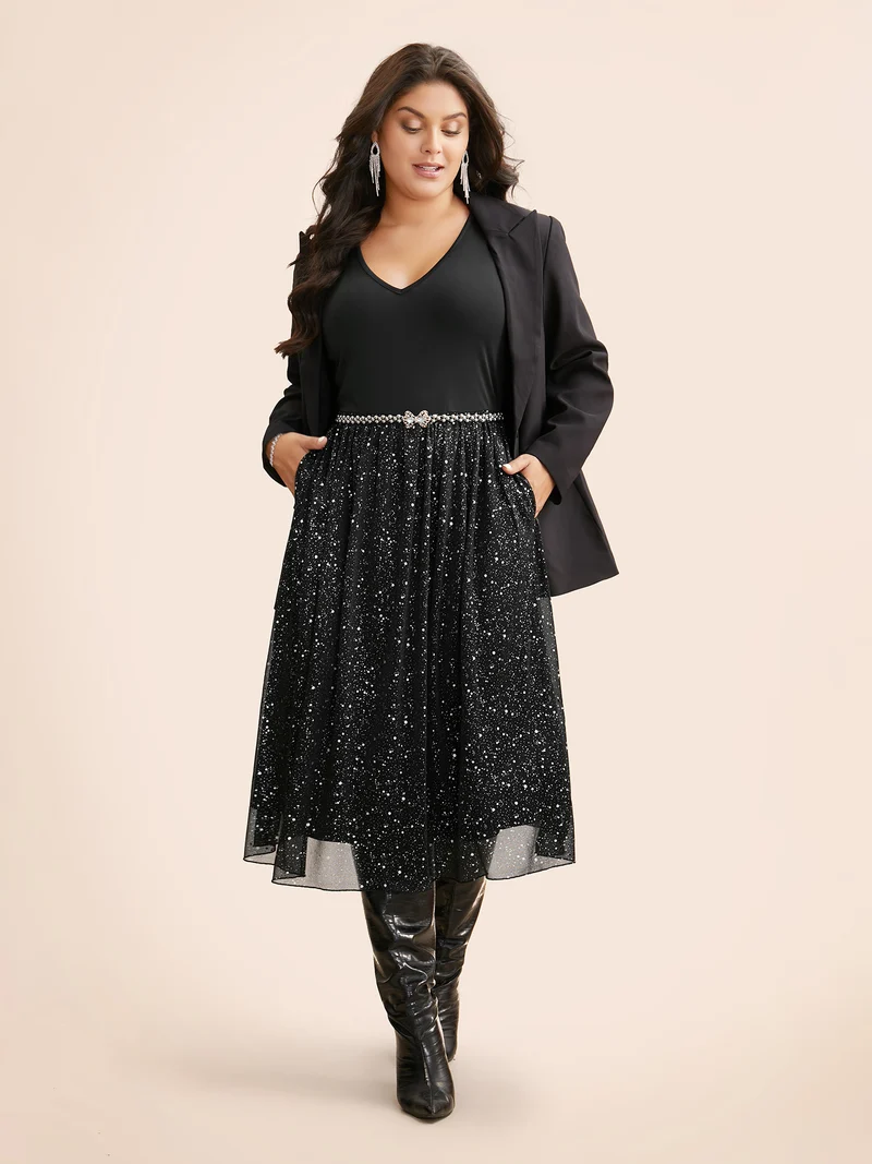 V Neck Glitter Patchwork Tank Dress