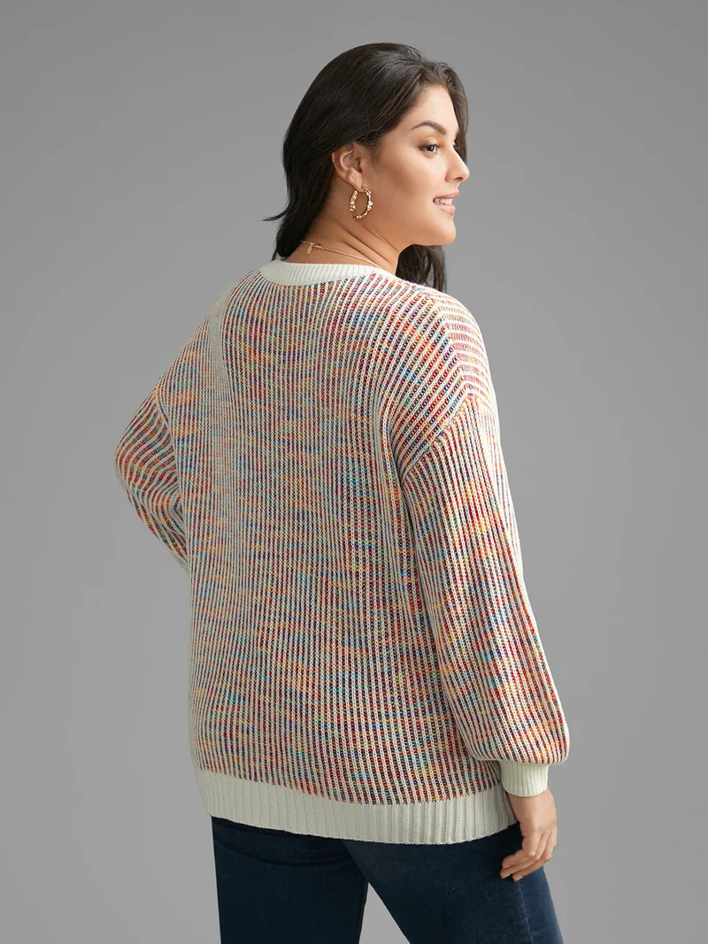 Round Neck Texture Contrast Heather Pullover