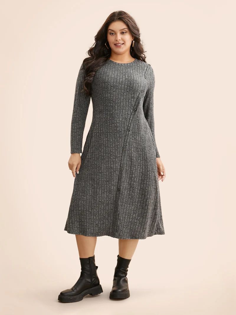 Crew Neck Button Detail Slim Fit Dress