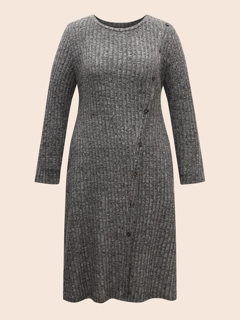 Crew Neck Button Detail Slim Fit Dress