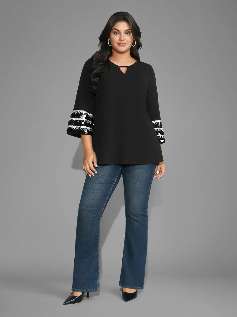 Sequin Patchwork Keyhole Bell Sleeve Blouse