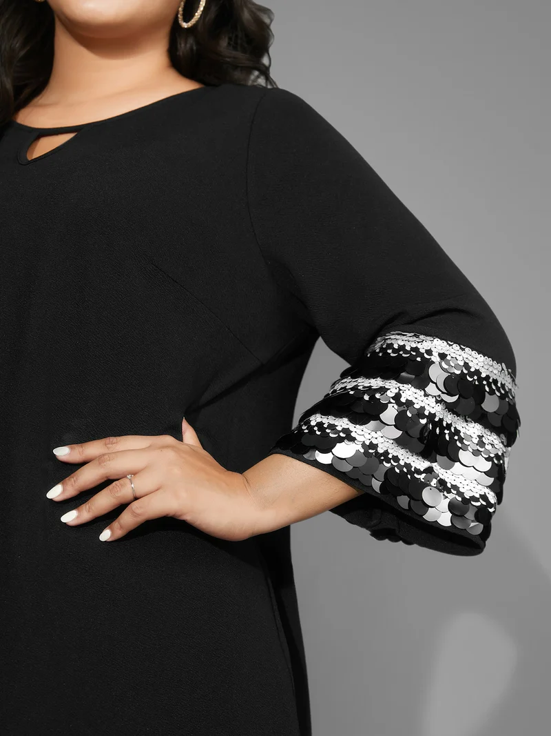 Sequin Patchwork Keyhole Bell Sleeve Blouse