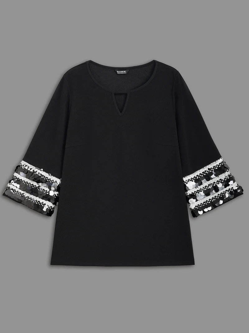 Sequin Patchwork Keyhole Bell Sleeve Blouse
