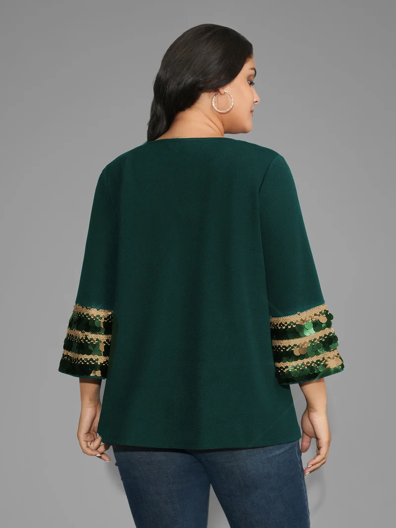 Sequin Patchwork Keyhole Bell Sleeve Blouse