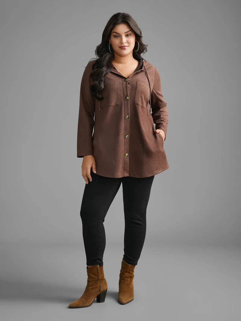 Faux Suede Pocket Hooded Drawstring Jacket