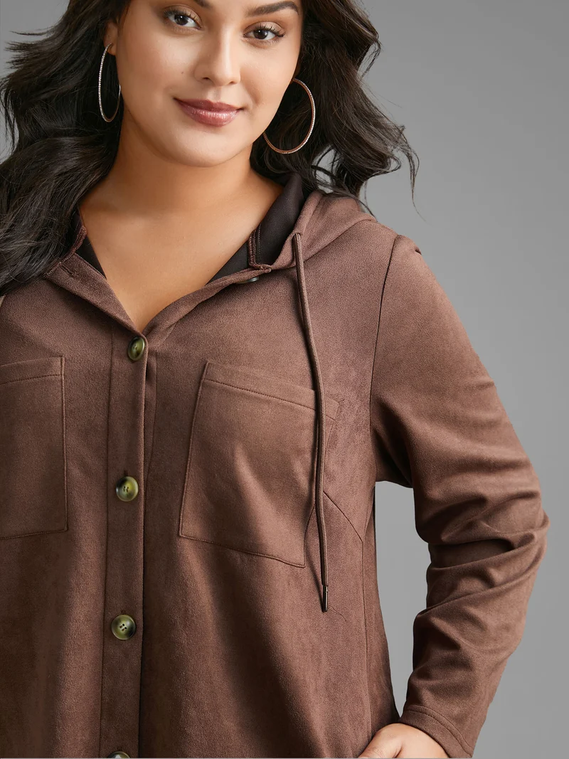 Faux Suede Pocket Hooded Drawstring Jacket