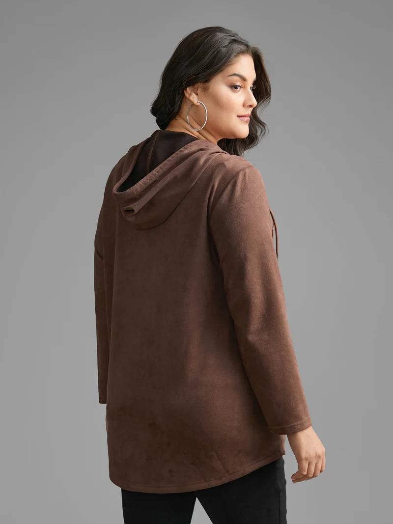 Faux Suede Pocket Hooded Drawstring Jacket