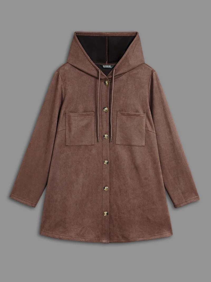 Faux Suede Pocket Hooded Drawstring Jacket