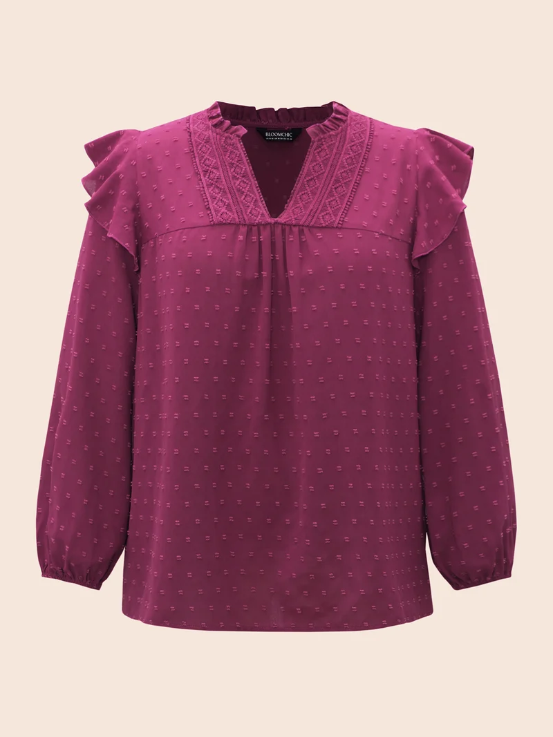 Texture Woven Ribbon Patchwork Ruffles Blouse