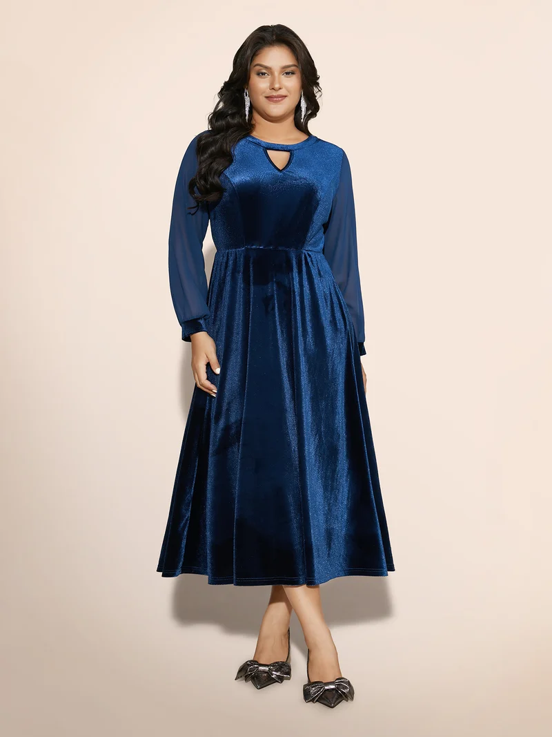Velvet Patchwork Chiffon Keyhole Midi Dress