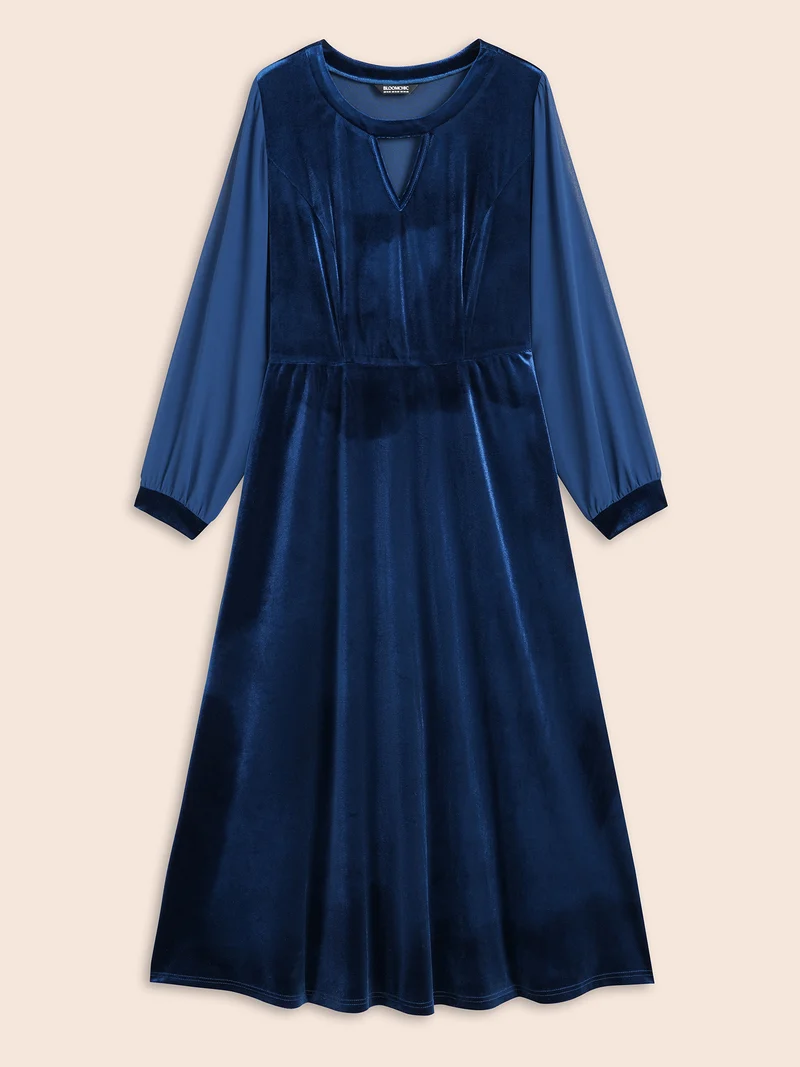 Velvet Patchwork Chiffon Keyhole Midi Dress