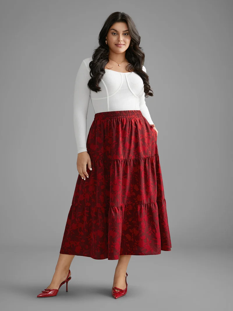 Silhouette Floral Print Ruffle Layered Hem Skirt