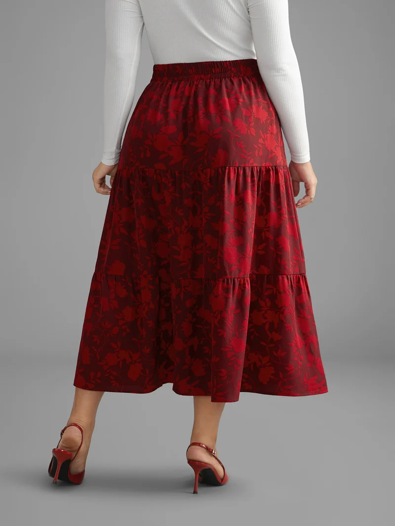 Silhouette Floral Print Ruffle Layered Hem Skirt