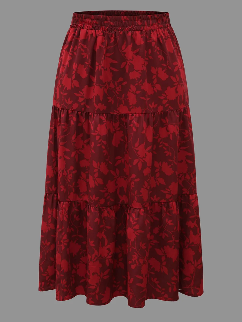 Silhouette Floral Print Ruffle Layered Hem Skirt
