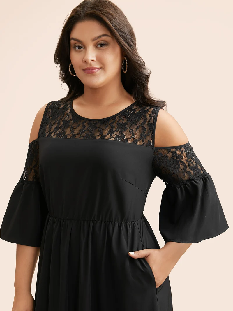 Crochet Lace Mesh Ruffle Sleeve Dress
