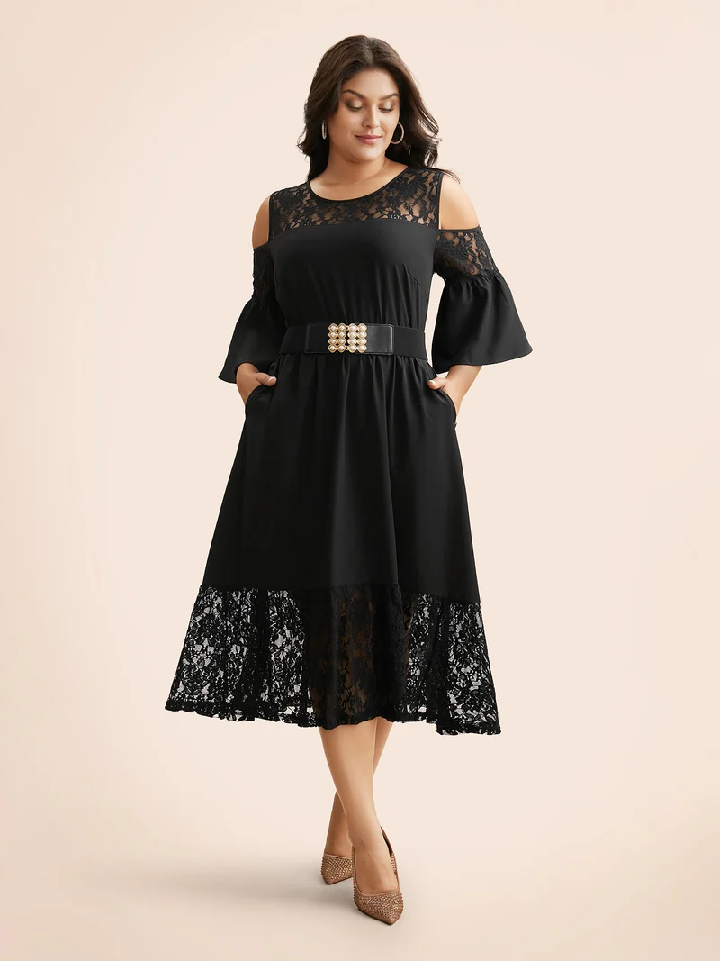 Crochet Lace Mesh Ruffle Sleeve Dress