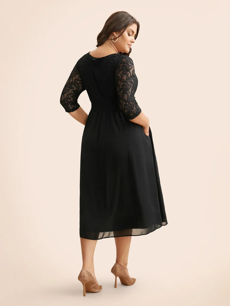 Crochet Lace Mesh Ruffle Sleeve Dress