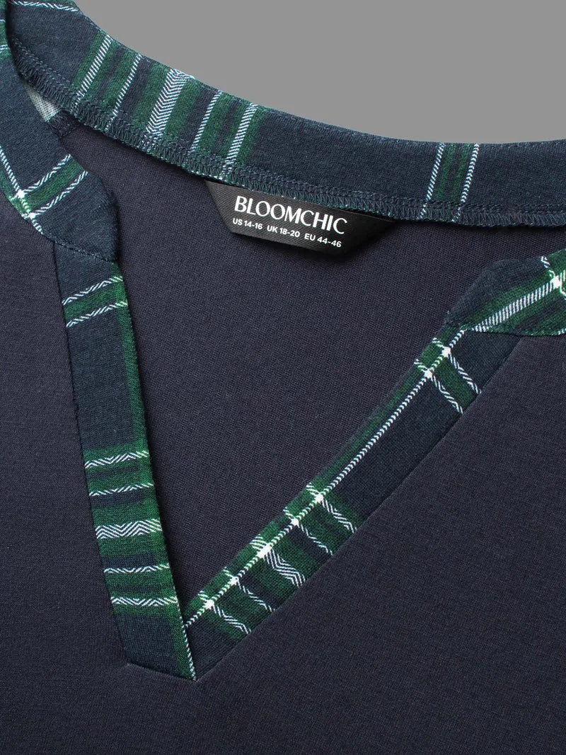 Notched Plaid Raglan Sleeve T-shirt