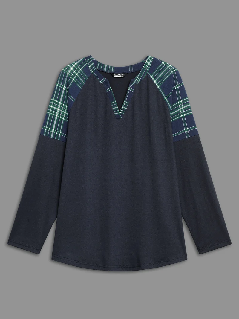 Notched Plaid Raglan Sleeve T-shirt