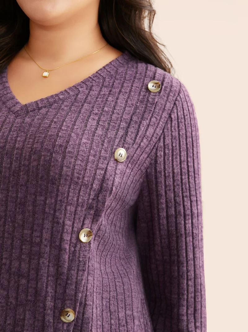 V Neck Button Detail Rib Knit T-shirt