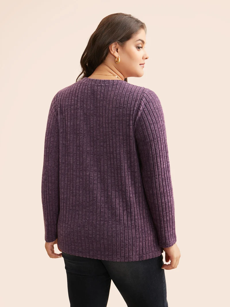V Neck Button Detail Rib Knit T-shirt