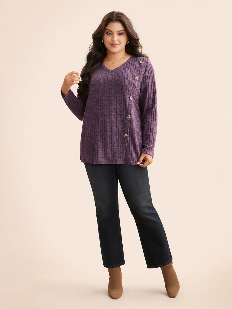 V Neck Button Detail Rib Knit T-shirt