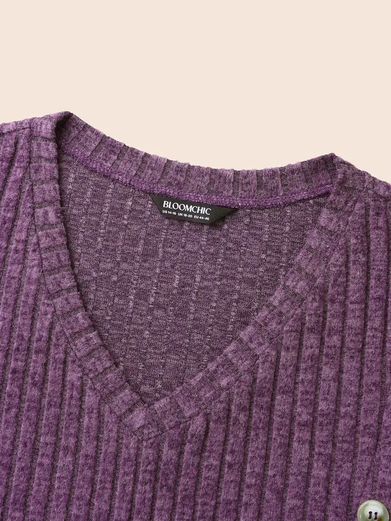 V Neck Button Detail Rib Knit T-shirt