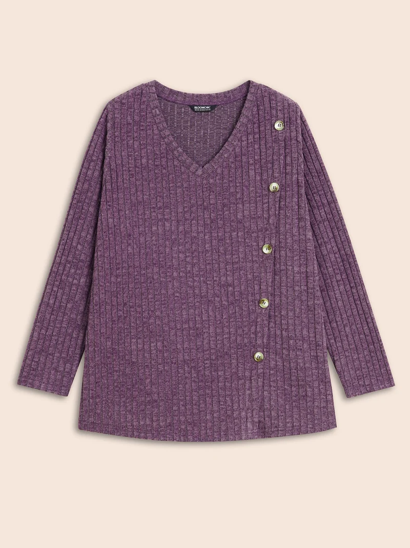 V Neck Button Detail Rib Knit T-shirt
