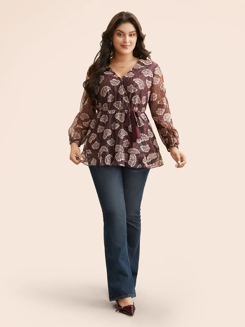 Leaf Print Mesh Tie Knot Blouse