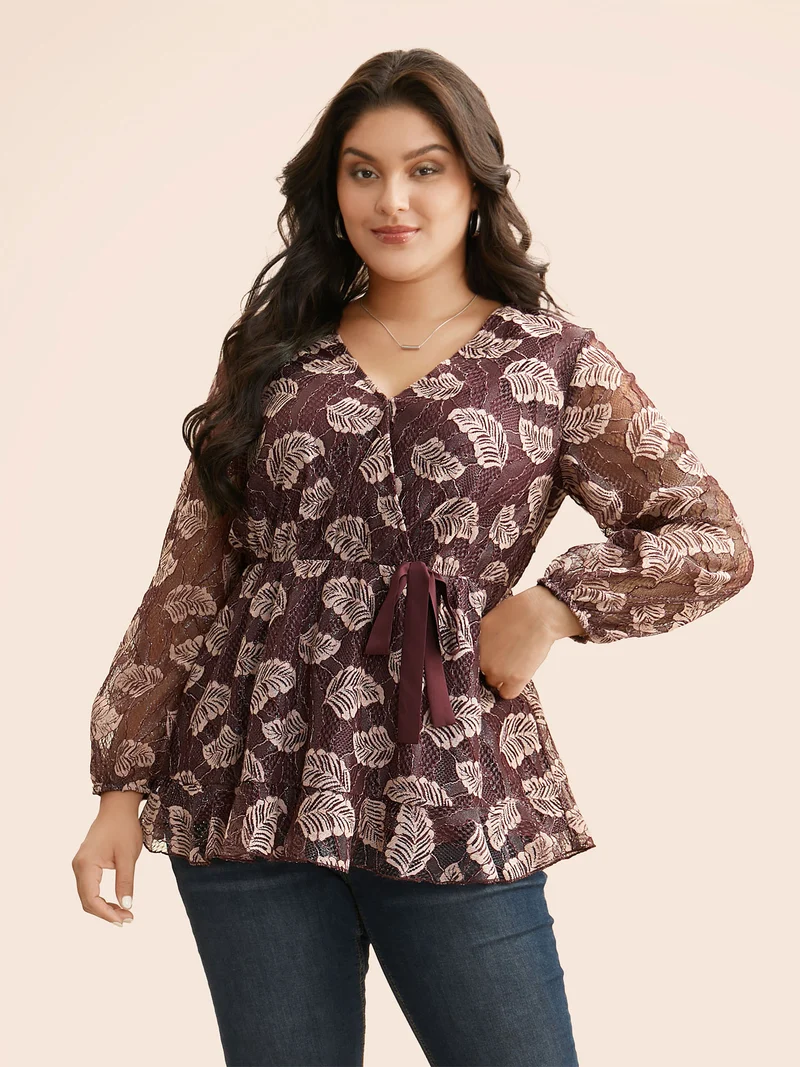 Leaf Print Mesh Tie Knot Blouse