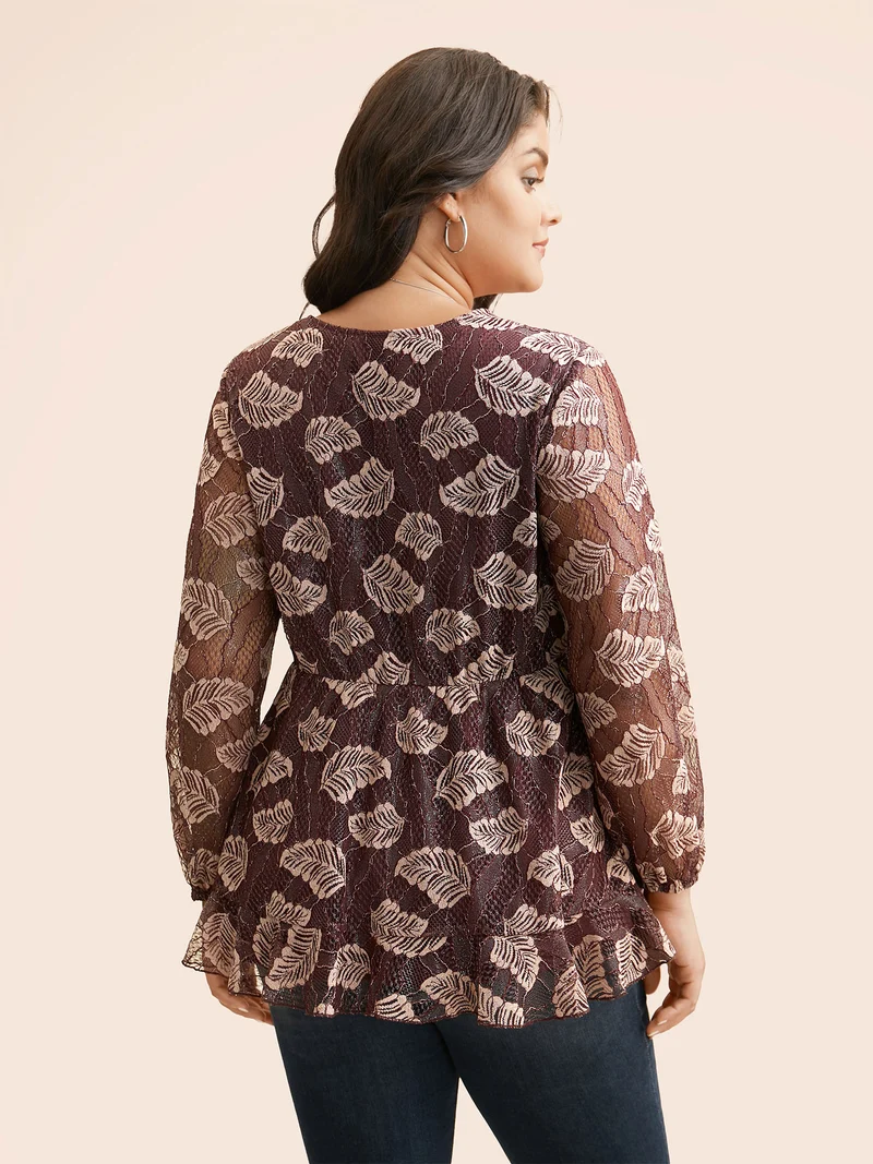 Leaf Print Mesh Tie Knot Blouse