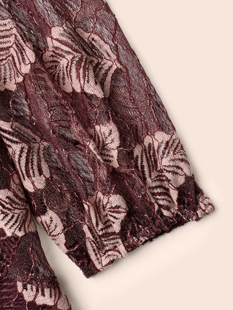 Leaf Print Mesh Tie Knot Blouse