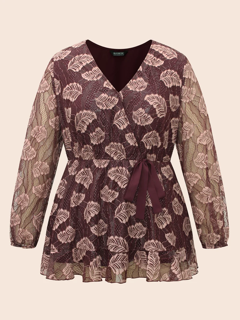 Leaf Print Mesh Tie Knot Blouse