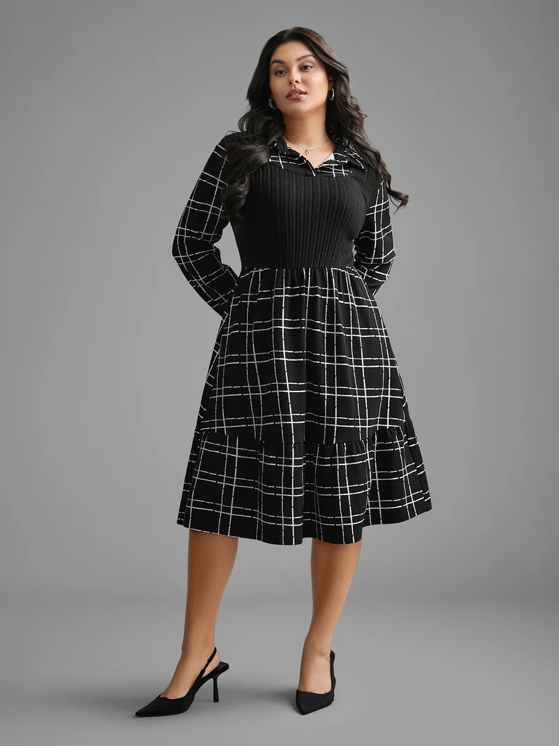 Plaid Patchwork Texture Ruffle Hem Dress