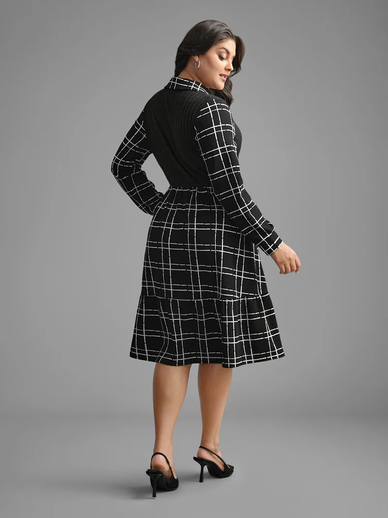 Plaid Patchwork Texture Ruffle Hem Dress
