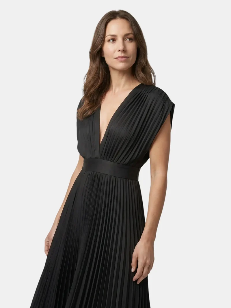 Women's Lightweight Pleated Maxi Dress | Elegant Draped V-Neck Summer Gown