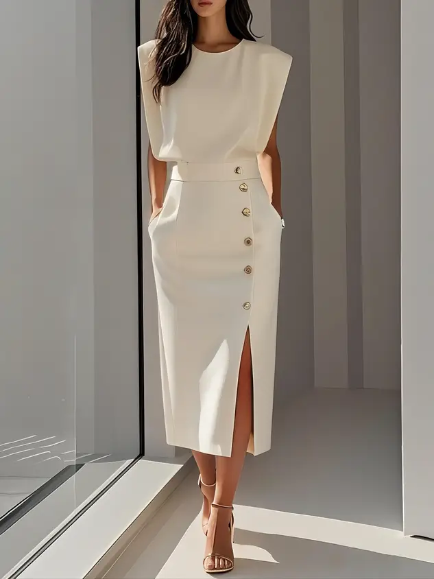 Women's Soft Midi Dress | Classic Round Neck | Elegant Button Slit Summer Dress