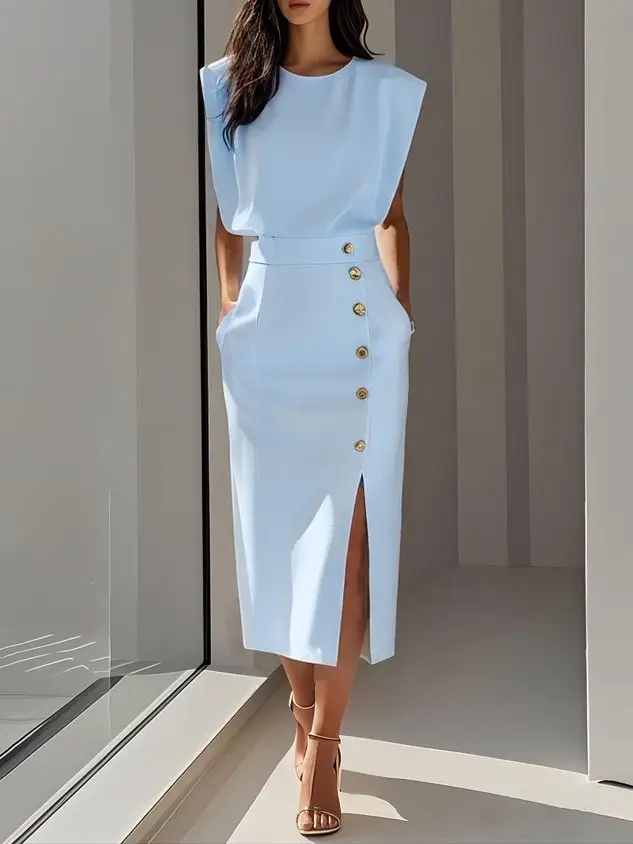 Women's Soft Midi Dress | Classic Round Neck | Elegant Button Slit Summer Dress