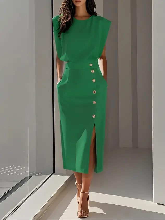 Women's Soft Midi Dress | Classic Round Neck | Elegant Button Slit Summer Dress