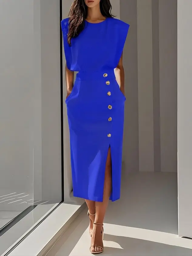 Women's Soft Midi Dress | Classic Round Neck | Elegant Button Slit Summer Dress