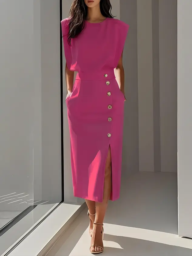 Women's Soft Midi Dress | Classic Round Neck | Elegant Button Slit Summer Dress