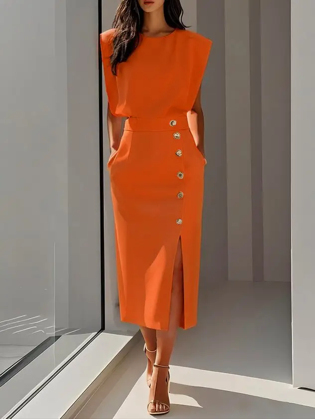 Women's Soft Midi Dress | Classic Round Neck | Elegant Button Slit Summer Dress